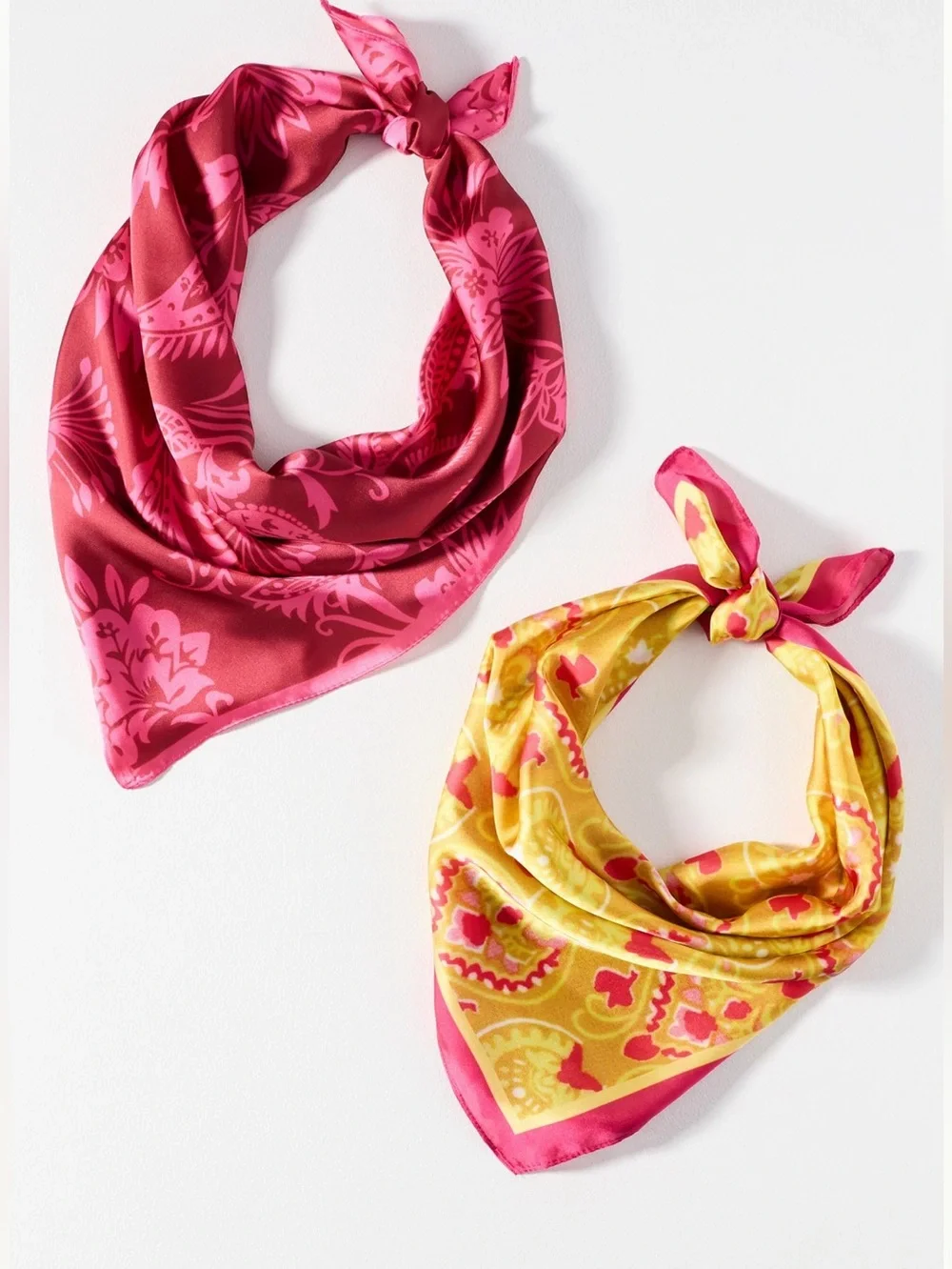 Anthropologie Silky Scarves Bag Head Hair Scarf New Set of 2 Yellow Pink Floral